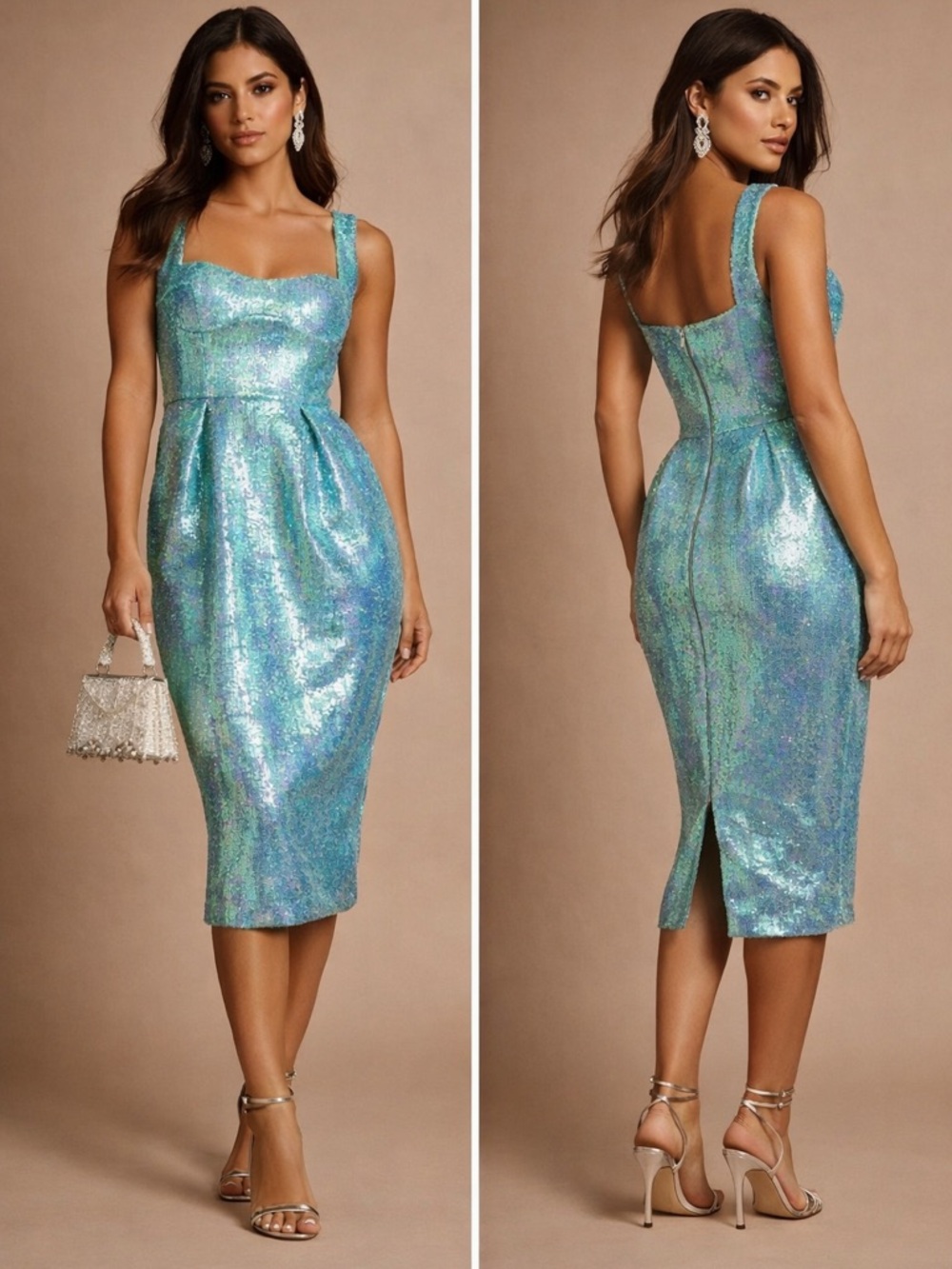 NWT Bronx and Banco Kathrine Sequin Midi Dress in Iridescent Aqua Blue Sz XS